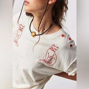 Free People We The Free Horsin' Around White Cat Embroidered Tee Size M NWT